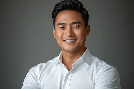 Anonymous portrait of a man in a white dress shirt with crossed arms against a neutral gray background, poised and confident