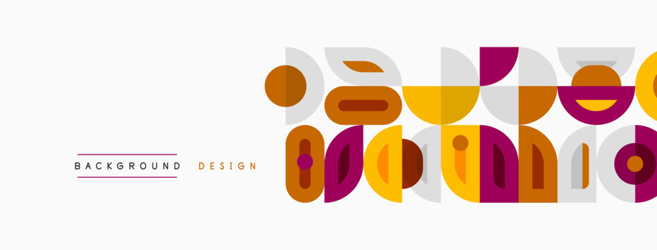 Geometric shapes create vibrant pattern. Colors include orange, purple, yellow, brown. Minimalist design suits backgrounds, textures.