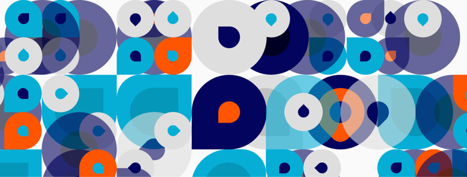 Abstract pattern features overlapping circles, squares. Blue, orange, white dominate composition. Modern design, geometric shapes create visual rhythm.