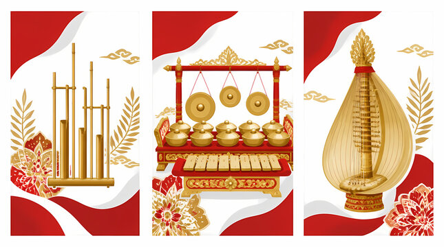 Traditional Indonesian Musical Instruments Displayed in and Gold Decorative Frames with Floral Motifs