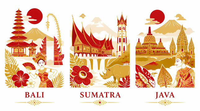 Indonesian Cultural Icons in Traditional Attire Displaying Bali Sumatra Java Architecture with Sun and Tropical Flora