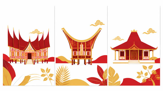 Traditional Indonesian House Architecture Illustration Featuring and Gold Color Scheme with Decorative Rooflines and Tropical Leaf Motifs
