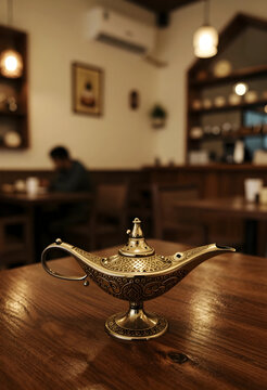 Magic lamp and wish fulfillment concept, ornate brass oil lamp on wooden table in cozy cafe interior with blurred background and warm lighting
