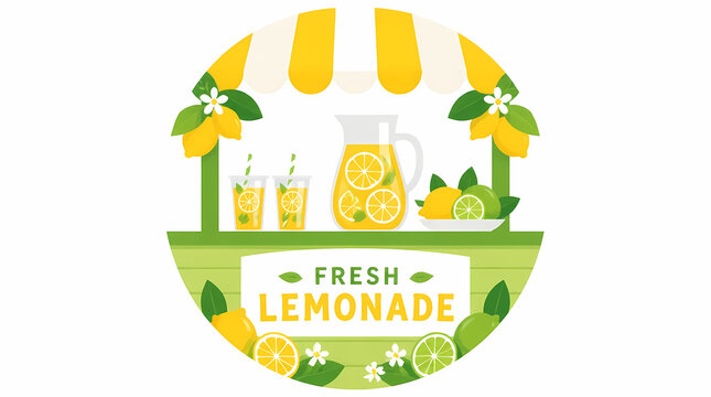 Lemonade stand serving fresh lemonade with pitcher and glasses under striped awning surrounded by lemons limes flowers
