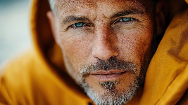 Close-up portrait of a mature man with blue eyes and salt-and-pepper beard wearing a yellow hooded jacket, intense thoughtful and resolute expression