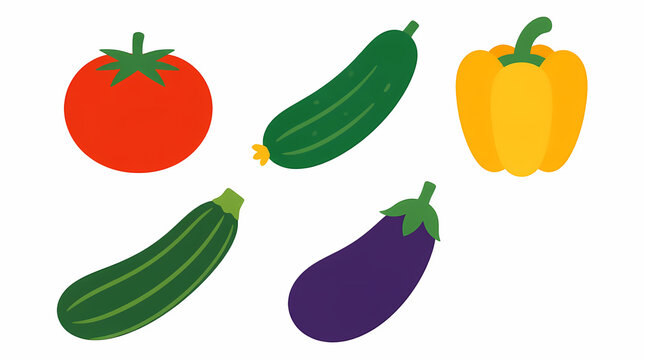 Vegetables collection of tomato cucumber bell pepper zucchini eggplant isolated on white background flat design illustration