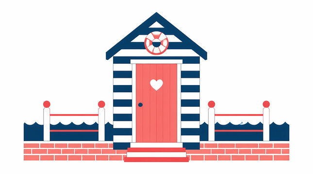 Beach hut with striped walls and door featuring heart cutout, surrounded by ocean waves and brick pavement