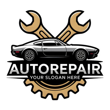 Auto repair logo with classic car and wrench gear isolated on transparent background
