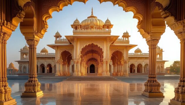 ornate golden domed temple and pavilions framed by scalloped arch with carved columns and reflective marble courtyard in warm sunrise light, serene and majestic atmosphere