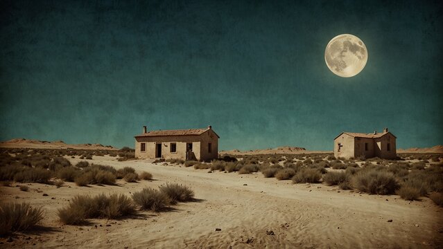 A full moon shines in the sky over a desert landscape