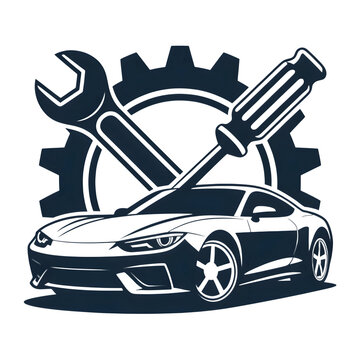 Car repair logo with wrench screwdriver and gear isolated on transparent background
