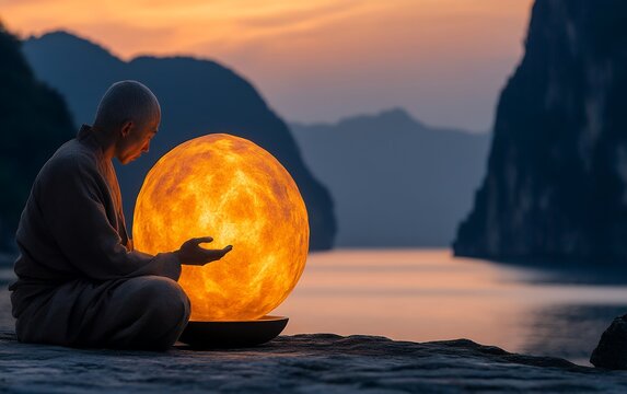 A serene monk holding a glowing, radiant sphere at sunset by a tranquil lake, symbolizing peace and enlightenment