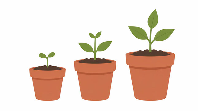 Growing Plants in Pots Showing Stages of Development from Seedling to Mature Sprout with Soil and Terracotta Containers