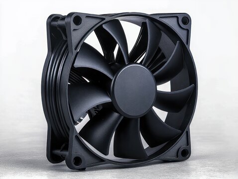 black computer cooling fan with curved blades and square frame on neutral background, sleek precise technical mood