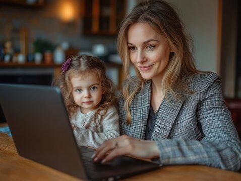 woman in checked blazer and young girl with hair clip sitting at wooden table using a laptop together, focused and calm in a warm cozy kitchen setting