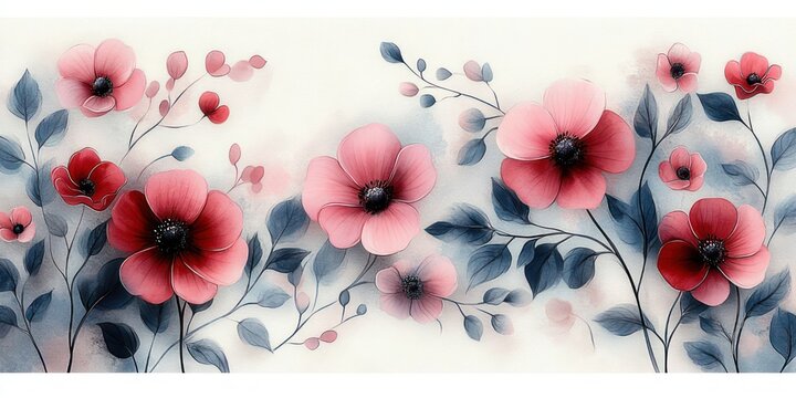Soft pastel watercolor of pink and red poppy-like flowers with blue-gray leaves and buds, delicate petals and dark centers evoking dreamy romantic serenity