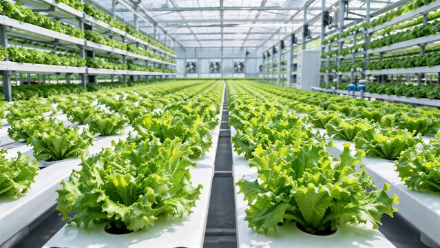 Lettuce rows growing in hydroponic greenhouse farming facility