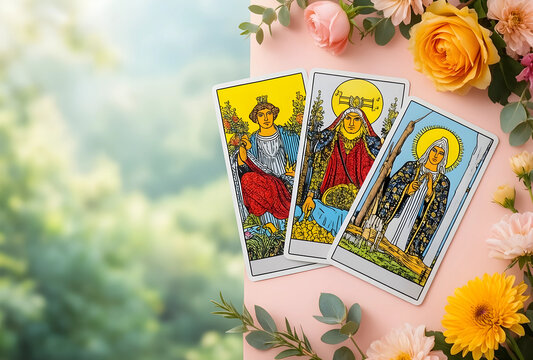 Tarot reading and spiritual guidance, three tarot cards with floral decoration for divination and esoteric practice on a soft pink background