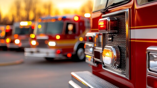 Fire trucks at dusk with flashing lights and red reflections