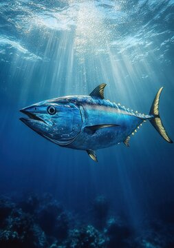 Solitary blue tuna gliding beneath sunlit ocean rays, a serene and majestic underwater scene