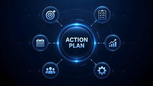 Action plan graphic with icons for goals, tasks, and team