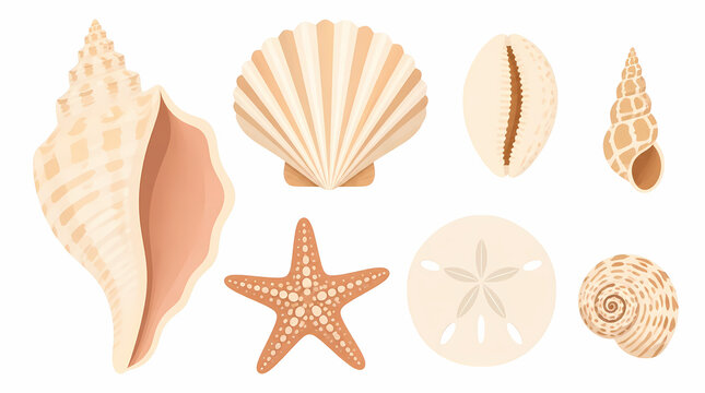 Sea shells and starfish collection on white background with natural beach elements including conch, scallop, cowrie, spiral, sand dollar