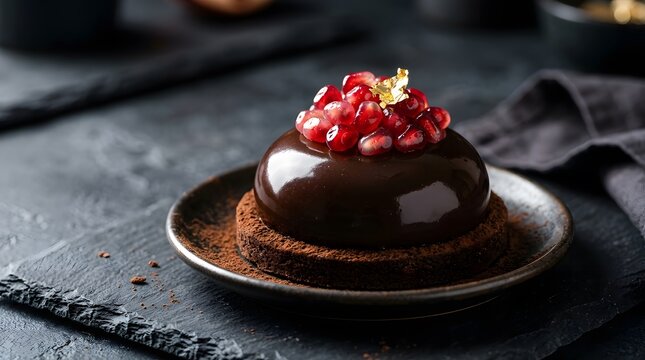 Elegant chocolate mirror glaze mousse cake topped with pomegranate seeds on dark slate background.