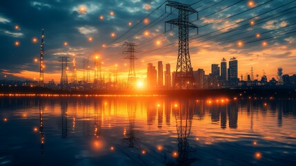 Naklejka premium Silhouetted cityscape at sunset, reflected in calm water, with power lines and energy infrastructure