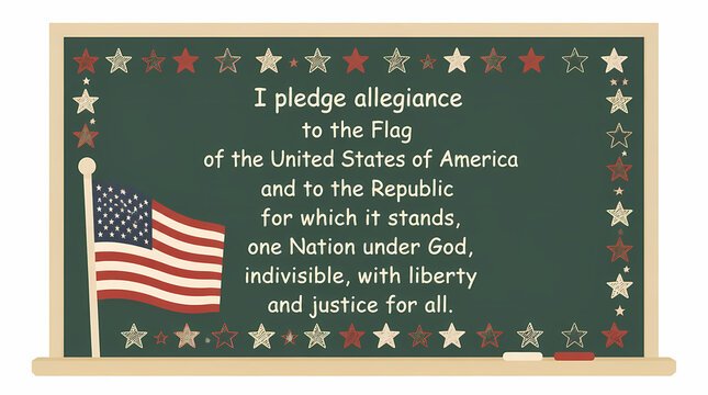 American Flag Pledge Allegiance Chalkboard with Stars Border and Eraser on Desk
