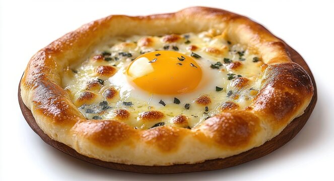 golden baked bread boat filled with melted cheese and a glossy sunny-side egg, warm and indulgent