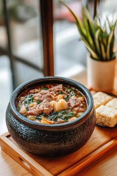 Savory lamb stew with dumplings in a rustic black bowl, served with fried bread, presented on a wooden tray near a window