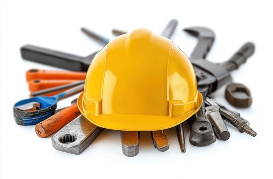 yellow safety helmet surrounded by assorted metal hand tools on white background conveying readiness and workplace safety