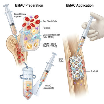 Bone marrow aspirate concentrate preparation and application for bone defect regeneration.
