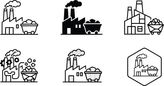 Industrial factory plant building next to heavy coal mining cart vector icon set isolated on white background representing energy production manufacturing industry