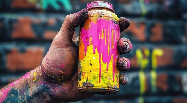 paint-splattered hand holding yellow spray can with bright pink drips against graffiti brick wall, energetic creative vibe