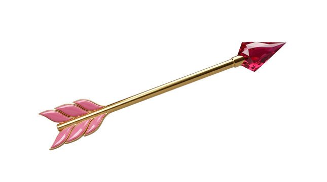 Golden cupid arrow with pink feathers and ruby tip