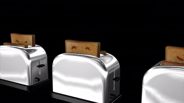 トースターから顔の付いたパンがリズムよく飛び出る、FullHD解像度、背景透過のループ映像素材、VJ素材
