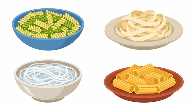 Assorted pasta dishes featuring colorful fusilli noodles with green herbs alongside thick wheat strands thin rice vermicelli and hollow rigatoni tubes served in round bowls for authentic dinner