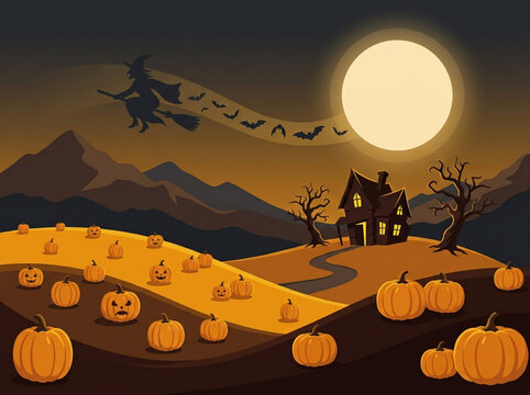 Spooky halloween night scene with a haunted house pumpkin patch and a silhouette of a flying airplane