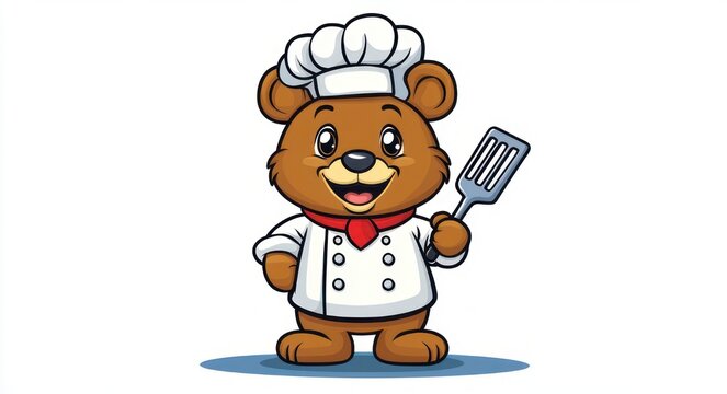 happy cartoon brown bear chef wearing white chef hat and jacket with red neckerchief holding a spatula and smiling while standing on a blue shadow