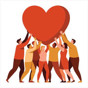 Group of diverse people holding a large red heart symbolizing love and unity