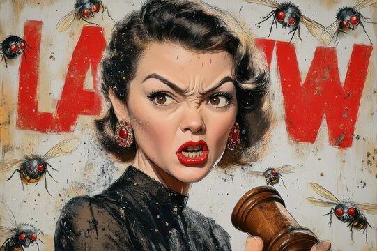 Vintage woman in black dress holding a wooden gavel before large red letters, surrounded by a swarm of oversized red-eyed flies, creating a surreal and unsettling defiant mood