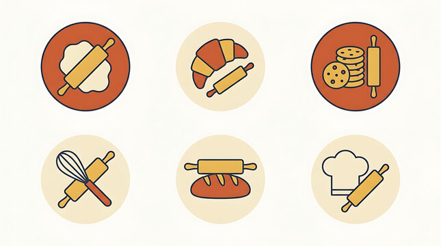 Set of six circular baking icons featuring dough, croissants, cookies, whisk, bread, and a chef hat with a rolling pin.