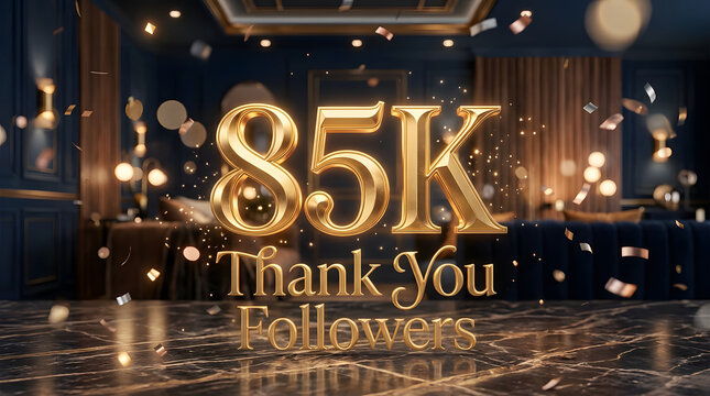 Elegant Gold 85K Thank You Followers Celebration With Confetti, Bokeh and Luxury Background