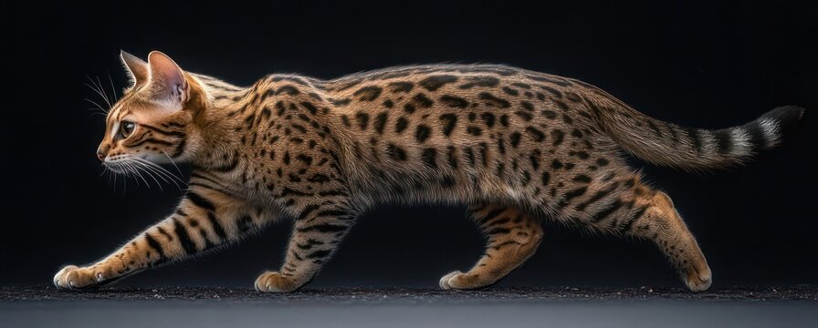elegant spotted domestic cat walking in profile across a dark studio background, alert and focused with a graceful stealthy stride
