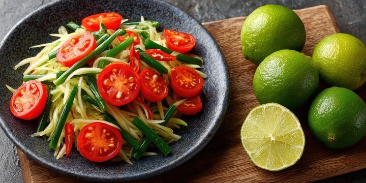 Vibrant som tum with tomatoes, green beans, and limes. Fresh, zingy, and healthy