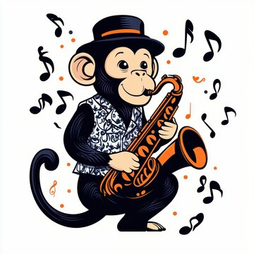 joyful cartoon monkey wearing a hat and patterned vest playing a saxophone surrounded by floating musical notes