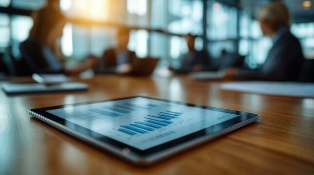 tablet displaying bar charts on a wooden conference table with blurred team members and warm sunlight conveying focused professional collaboration