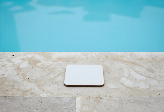 Summer vacation and travel marketing, blank white coaster on poolside stone deck for product placement or branding mockup with blue water background