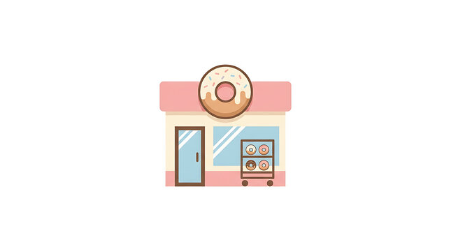 Donut shop building illustration with pink roof glazed donut signage glass door and display rack showing fresh pastries for commercial retail concept.